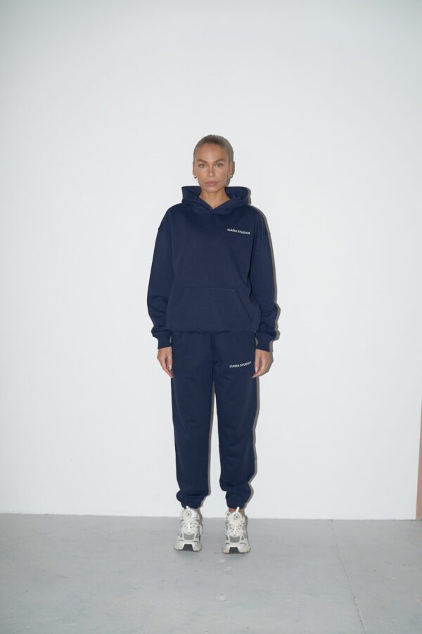 French Navy oversized hoodie, fetauring Icasia Studios white print on left chest and on the back.